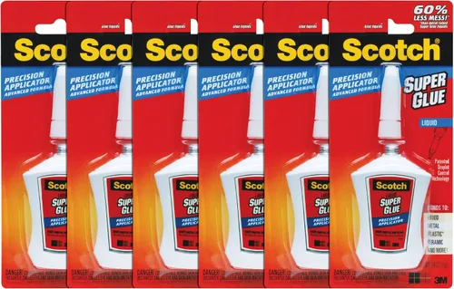 Scotch Super Glue líquido, 0.14 onzas, paquete de 6, transparente, aplicador de precisión, control patentado de gotas, resistente a obstrucciones,