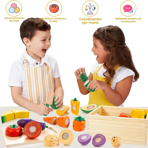 Miniatura 5 de Juego de alimentos de madera para la cocina de los niños Juego de alimentos de juguete para cortar verduras y frutas con estuche de almacenamiento