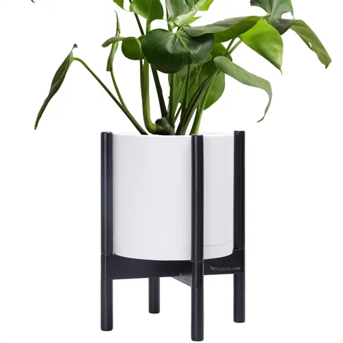 Miniatura 44 de Maceta de D'vine Dev con soporte - Maceta de flores de cilindro de plástico de 8.0 pulgadas con soporte de madera para interiores, maceta mate negra