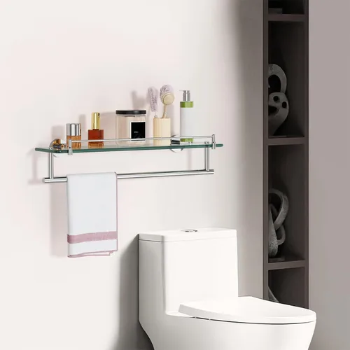 Miniatura 2 de Estante de baño flotante de vidrio templado de 20 pulgadas con toallero, cromado pulido y acero inoxidable, montaje en pared Cromo Pulido