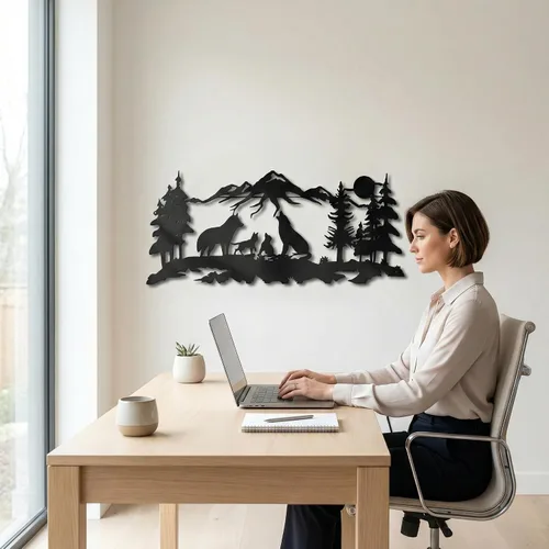 Miniatura 6 de DEKADRON Arte de pared de metal, arte familiar de lobos metálicos, arte de pared de naturaleza, lobo, montaña y árbol, decoración de pared de metal
