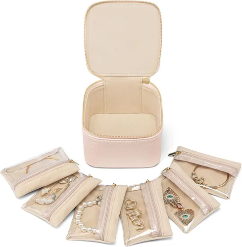 Vlando Joyero pequeño de viaje, piel sintética, 6 bolsas de terciopelo con cremallera para mujeres y niñas, regalo del día de San Valentín,
