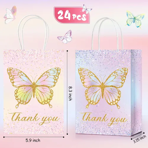Miniatura 2 de TaoBary - 24 bolsas de regalo de mariposa con asas, regalo de mariposa con texto en inglés "Thank You for Fluttering by Treat", bolsas de regalo
