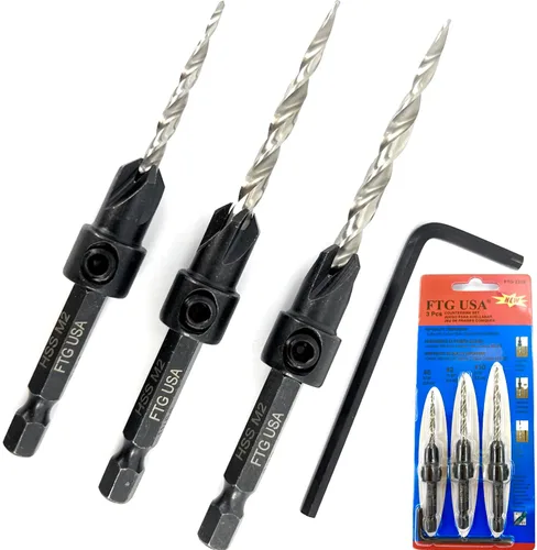 Miniatura 9 de FTG USA Juego de brocas avellanadoras de madera ajustable, 5 piezas, broca avellanadora #4 #6 #8 #10 #12 con broca cónica para carpintería