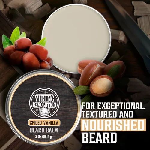 Miniatura 6 de Viking Revolution Bálsamo para barba de vainilla especiado – Mantequilla de barba con aceite de argán, suavizante de barba para hombres con aceite