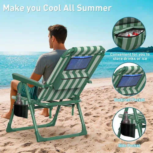 Miniatura 4 de Suteck Sillas de playa tipo mochila para adultos, paquete de 2, silla reclinable plegable de 6 posiciones con bolsa enfriadora y soporte para tazas