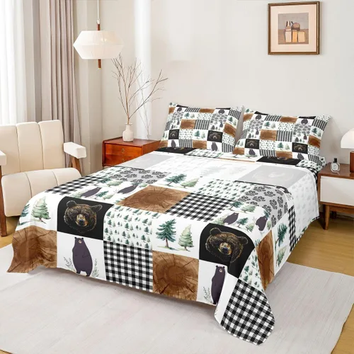 Miniatura 21 de Rustic Lodge - Juego de sábanas tamaño individual con diseño de oso y alce, diseño de retazos, color rojo y negro, a cuadros, ropa de cama de Multi