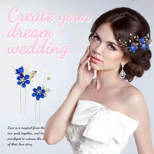 Miniatura 4 de inSowni Paquete de 20 Peines Laterales Clásicos Blancos Rosa Polvoriento Azul Flor Nupcial Boda + Horquillas de Pelo con Forma de U con Flores +