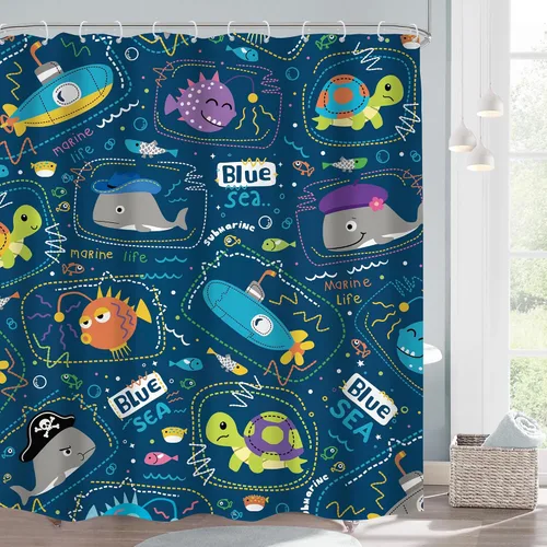 Miniatura 11 de Cortina de ducha para niños, océano, verano, linda ballena de dibujos animados, divertida decoración de baño para guardería, niños y niñas