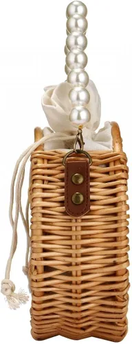 Miniatura 4 de Bolso de playa para mujer, bolso de mimbre rectangular tejido a mano, bolso de mimbre con perlas, bolso retro de paja de verano