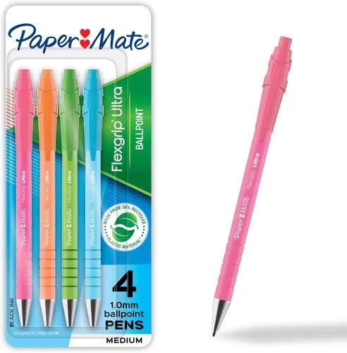 Paper Mate FlexGrip Ultra - Bolígrafos de punta media (0.039 pulgadas), materiales de plástico reciclados, colores surtidos, color negro, 4 unidades
