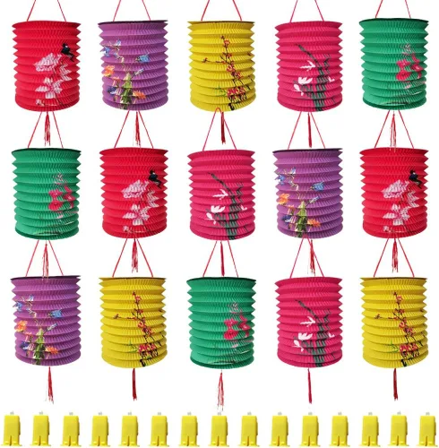 Paquete de 15 linternas de papel colgantes japonesas chinas con luces LED, coloridas linternas de flores asiáticas para pájaros, decoración de