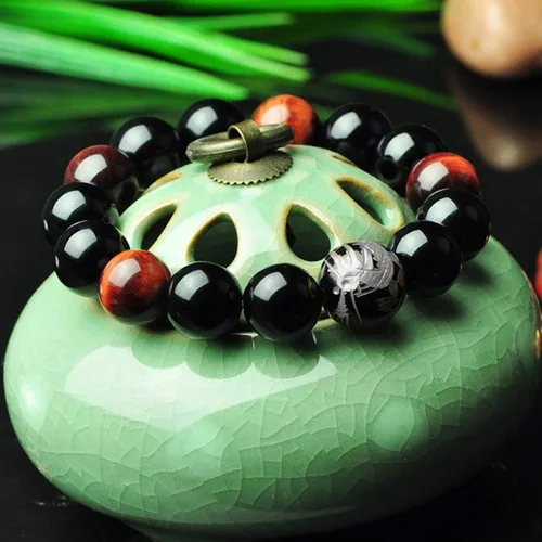 Miniatura 3 de Merdia - Pulsera elástica para hombre, diseño de ojo de tigre con cuentas de dragón y rey (plateado y amarillo)