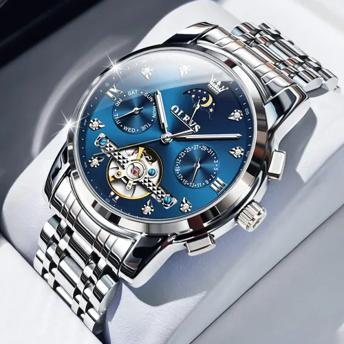 Miniatura 2 de OLEVS Men Automatic Watch Skeleton Moon Phase Dial Luxury Dress Stainless Steel Strap 5 Hands Diamond Men Wrist Watches