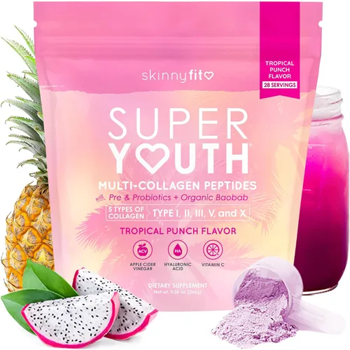 SkinnyFit - Super Youth Colágeno para Mujeres - Polvo de Péptidos de Multi Colágeno - Probióticos, Fibra, Ácido Hialurónico - Sin OGM, Sin Gluten,