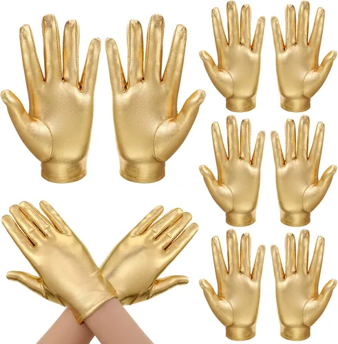 Jiuguva 5 pares de guantes metálicos para disfraz de Halloween, cortos, brillantes, de princesa, elásticos, para mujeres, niños, fiesta, Halloween,