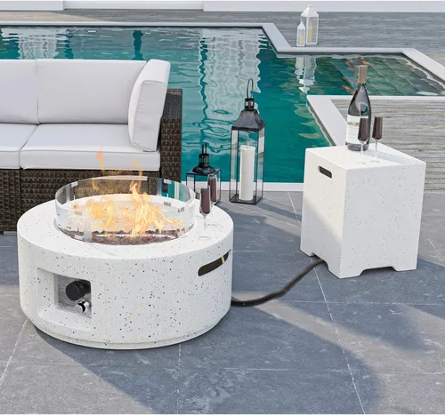 Miniatura 7 de HOMPUS Fogata de propano para exteriores, 40,000 BTU de 28 pulgadas, mesa redonda de hormigón de terrazo blanco con rocas de lava y cubierta