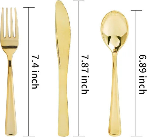 Miniatura 9 de WDF 160 piezas de cubiertos de plástico dorado - Cubiertos de oro resistentes Incluye 80 tenedores, 40 cucharas, 40 cuchillos, utensilios