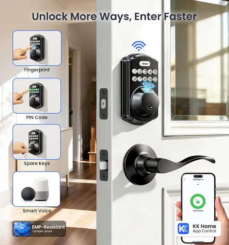 Miniatura 3 de Veise VE012W-B Cerradura inteligente de huellas dactilares Wi-Fi con juego de manija, control remoto de aplicación, palanca de puerta delantera