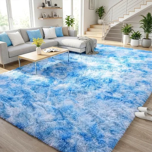 Miniatura 13 de DweIke Alfombras Shag Esponjosas Azules para Dormitorio Sala de Estar, 5x8 Grande Suave Felpa Tie-Dye Azul Cielo para Niñas y Niños, Alfombra Azul