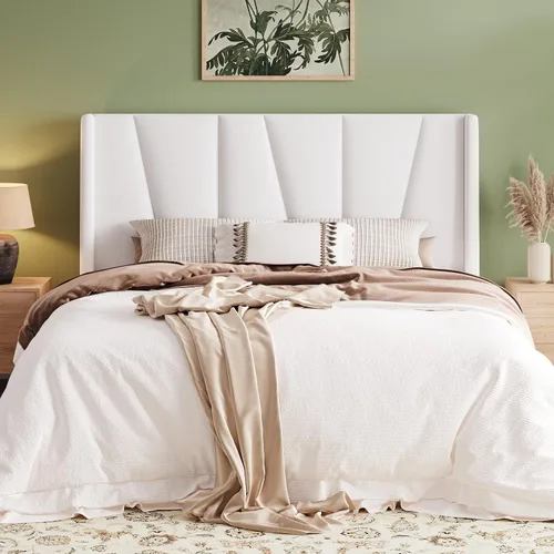 Miniatura 15 de Allewie Marco de Cama de Plataforma de Terciopelo Tamaño Queen con Cabecera Wingback Geométrica, Cama Tapizada Boho con Soporte de Listones de Negro