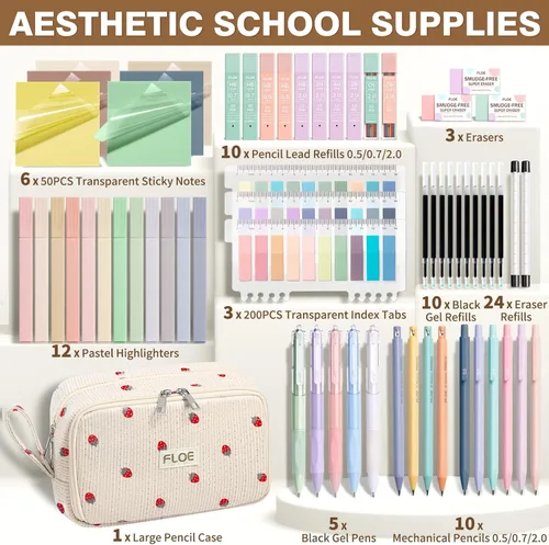 Miniatura 2 de 62 piezas de suministros escolares estéticos, lindos suministros de regreso a la escuela, suministros esenciales universitarios preppy, set de Fresa