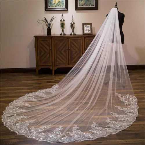 Miniatura 2 de velo de boda con borde de encaje largo y lujoso velo de novia con lentejuelas blancasvelo marfil con peine catedral de una capa de 9.8ft de boda