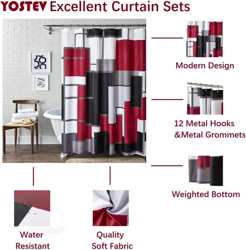 Miniatura 2 de Cortina de ducha moderna geométrica roja, roja y blanca impermeable para baño con 12 ganchos de metal, 72 x 72 pulgadas