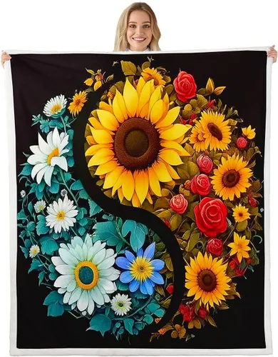 Manfei Flower Throw Blanket Sunflower Rose Daisy Fuzzy Blanket, Botanical Floral Blanket for Bed Couch Sofa, Kids Boys Girls Room Decor, (60 x 80