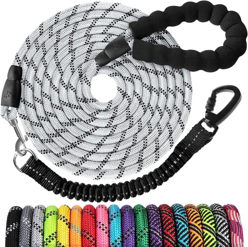 Miniatura 12 de Correa de perro de cuerda de 3 pies: correa resistente con gancho giratorio bloqueable, hilos reflectantes, bungee y asa acolchada - Correa