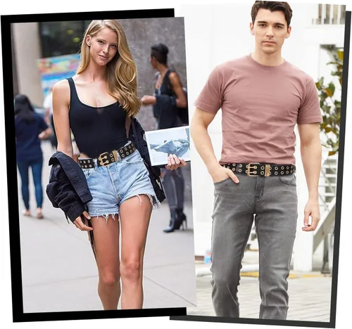 Miniatura 4 de FIORETTO Cinturón de cuero con ojales y cadena desmontable para mujeres y hombres, cinturones de cintura punk rock para pantalones vaqueros