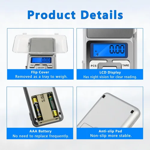 Miniatura 4 de Alta precisión mini electrónica digital bolsillo báscula joyería pesaje equilibrio portátil 17.64 oz/0.00 oz función de conteo LCD azul g/tl/oz/ct