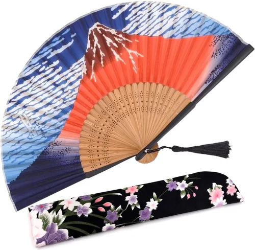 Miniatura 14 de Ventilador de mano plegable para mujer, estilo chino japonés vintage, de seda de bambú, 15 x 8.3 pulgadas, con borla y bolsa para fiesta, boda