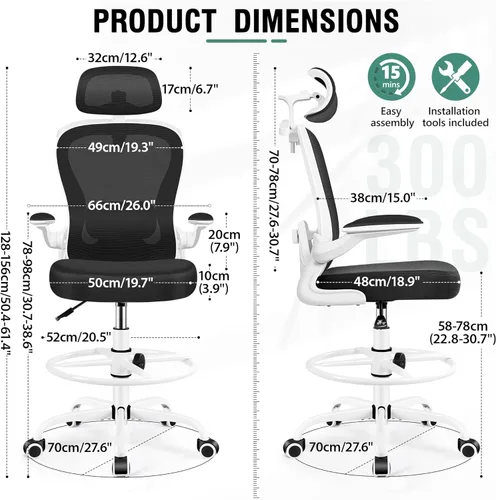 Miniatura 2 de Silla de Dibujo, Silla de Oficina Alta con Soporte Lumbar y para la Cabeza 3D, Silla Ergonómica de Malla para Escritorio de Pie con Anillo Blanco