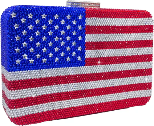 Boutique De FGG The American National Flag Crystal Clutch Purse for Women Evening Bags Party Chain Shoulder Handbags,Mini