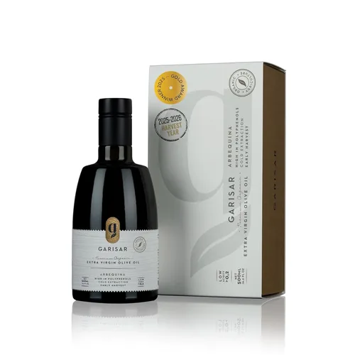 Garisar Aceite de oliva virgen extra premium alto en polifenoles (>600 ppm), baja acidez (máximo 0.2%), ganador de la medalla de oro NYIOOC 2025,
