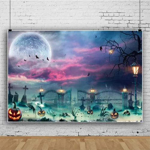 Miniatura 9 de Renaiss Telón de fondo de Halloween con telaraña, árboles, lámpara de calabaza, bosque sombrío, fotografía, fondo espeluznante, luz de luna