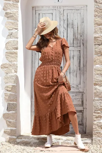 Miniatura 3 de PRETTYGARDEN - Vestido bohemio de manga corta con cuello en V y plumetí con volantes vestido maxi fruncido de cóctel