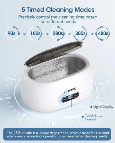 Miniatura 6 de Máquina Limpiadora de Joyas Adiding, Limpiador Sónico para Anillos de 650mL (23oz) para Gafas, Pendientes, Dentaduras, Retenedores, Correas de Marrón