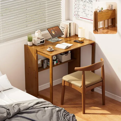 Miniatura 10 de Escritorio plegable de bambú, escritorios plegables para espacios pequeños, escritorio pequeño de mediados de siglo con estantería para computadora