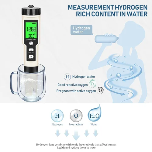 Miniatura 2 de Pruebador de Agua de Hidrógeno 4 en 1 pH, H2, ORP y Temp, Medidor de pH Medidor de ORP Probador de Hidrógeno para Agua con ATC y Retroiluminación