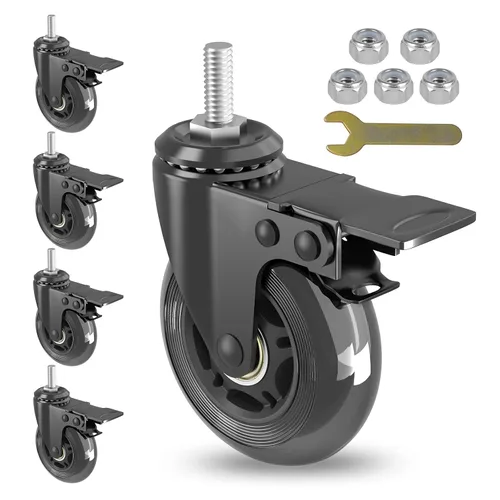 Juego de 5 ruedas giratorias con frenos de metal, ruedas giratorias resistentes de 3 pulgadas con vástago roscado UNC de 5/16 a 18 pulgadas, ruedas