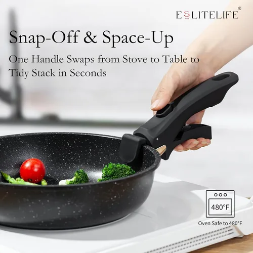 Miniatura 3 de ESLITE LIFE Juego de sartenes antiadherentes de cerámica con tapas y mango desmontable, sartenes de cocina no tóxicas para tortilla de huevo, Negro