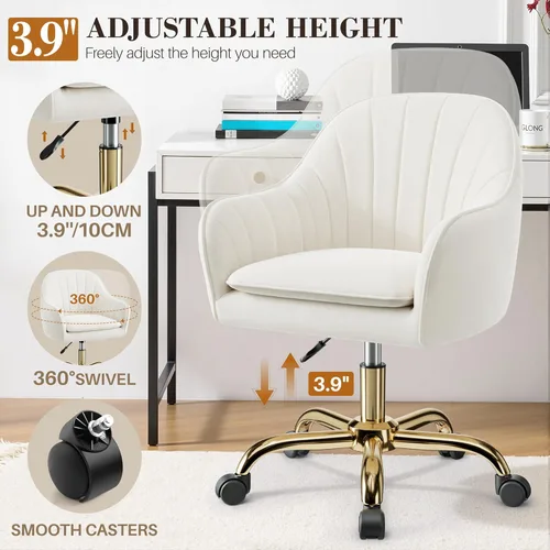 Miniatura 7 de Silla de tocador con ruedas, cómodas sillas de escritorio de oficina en casa, sillas de tocador de terciopelo modernas ajustables para dormitorio