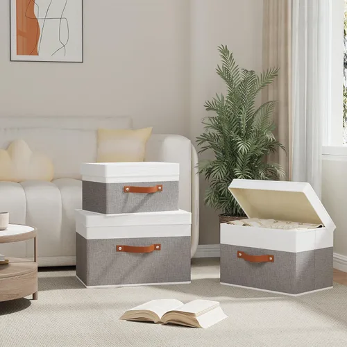 Miniatura 3 de Contenedor de almacenamiento de tela, cesta de almacenamiento con tapas, caja organizadora de armario con asas para zapatos, libros, toallas, blanco