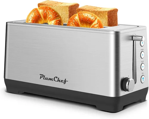 Miniatura 11 de Tostadora de ranura larga extra ancha de 4 rebanadas, bandeja extraíble para migas, 6 ajustes de tostado, funciones de bagel/descongelación, 1650 W