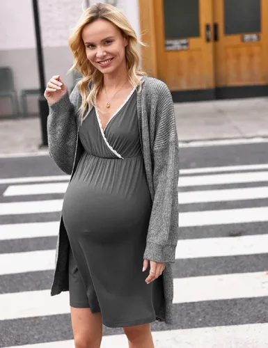 Miniatura 5 de Ekouaer - Camisón de dormir de manga corta 3 en 1 para mujer, plisado, para lactancia, parto y maternidad, tallas S-XXL