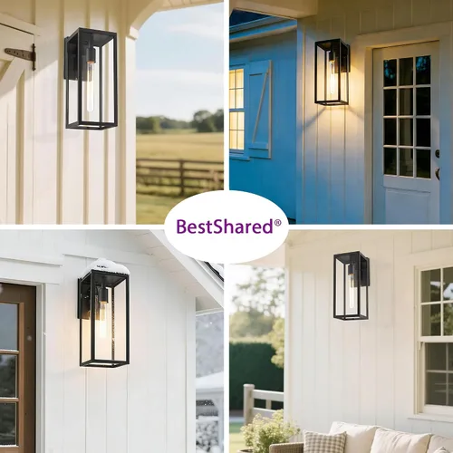 Miniatura 9 de Bestshared Aplique de pared para exteriores, paquete de 2 faroles de pared exteriores de 15 pulgadas con vidrio transparente, luces negras