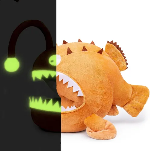 FRANKIEZHOU Pez pescador realista luminoso de felpa marrón de 9.8 pulgadas, peluche de pez rape suave, juguete para niños, decoración de peces
