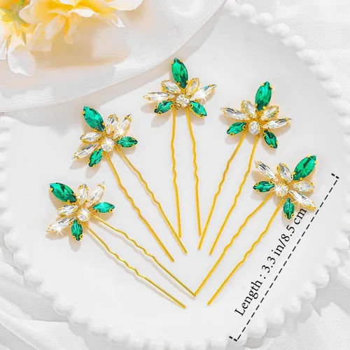 Miniatura 5 de Yokawe Horquillas para el pelo de boda con diamantes de imitación, horquilla de novia con purpurina de cristal verde, elegante tocado formal